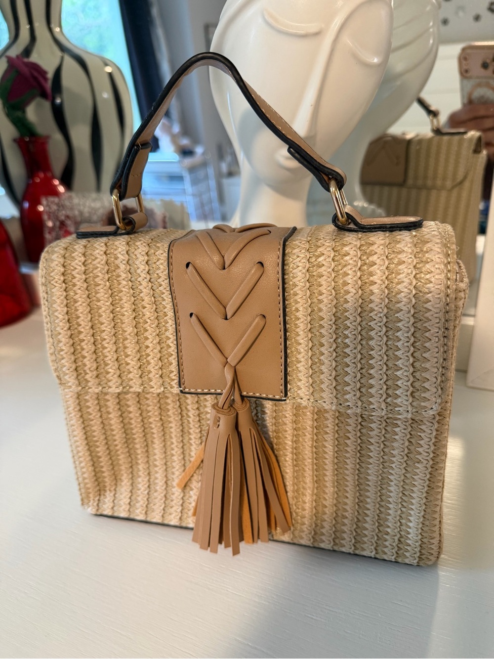 Woven Straw Top-Handle Bag with Tassel - Beige